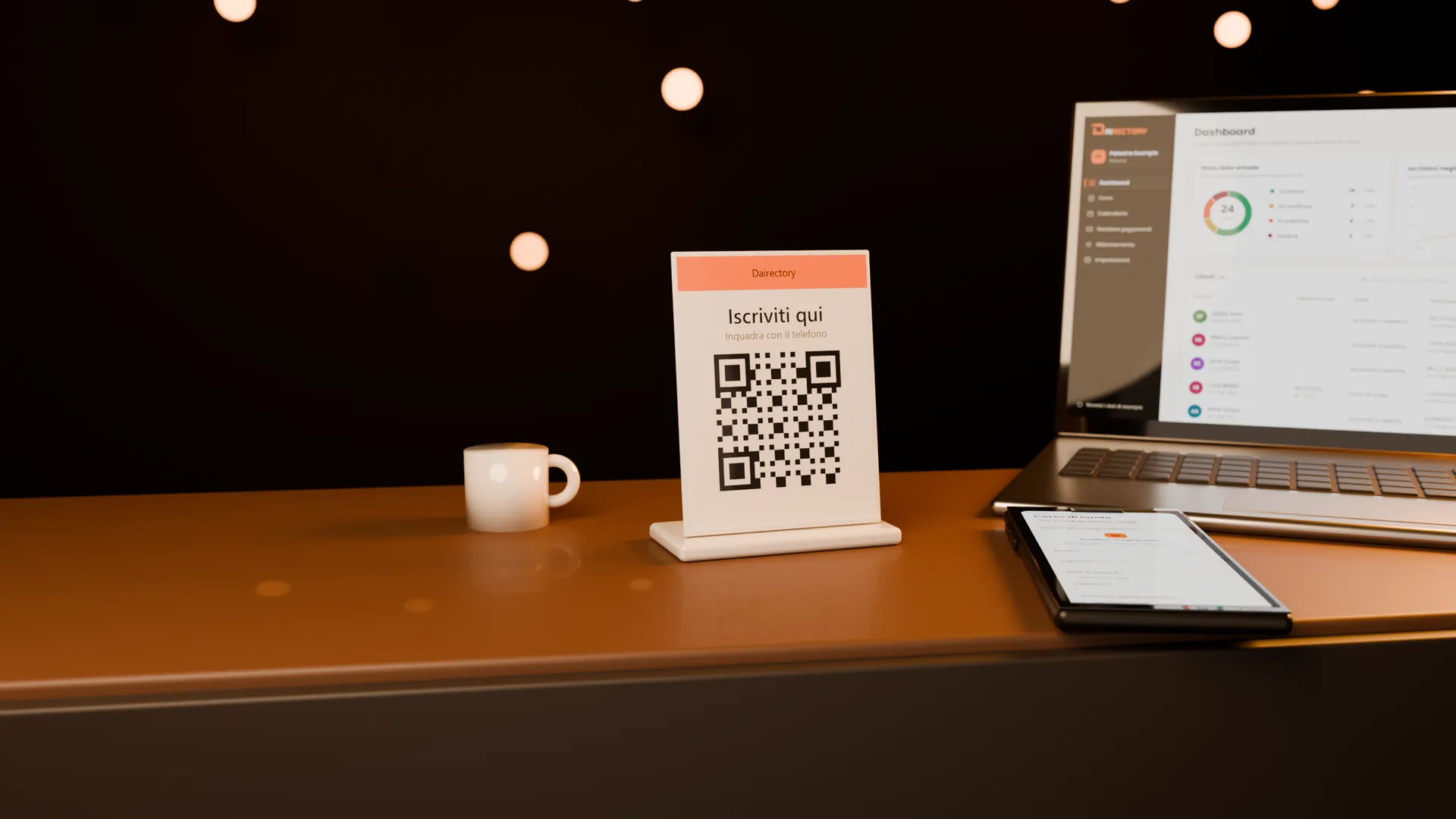 Il bancone di un’attività con il cartello “Iscriviti qui” e il QR, il telefono con il modulo e il portatile con la dashboard di Dairectory